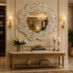 Mother Of Pearl Inlay 8 Corner White Leaf Pattern Mirror Frame With Complimentary - thumbnail 1