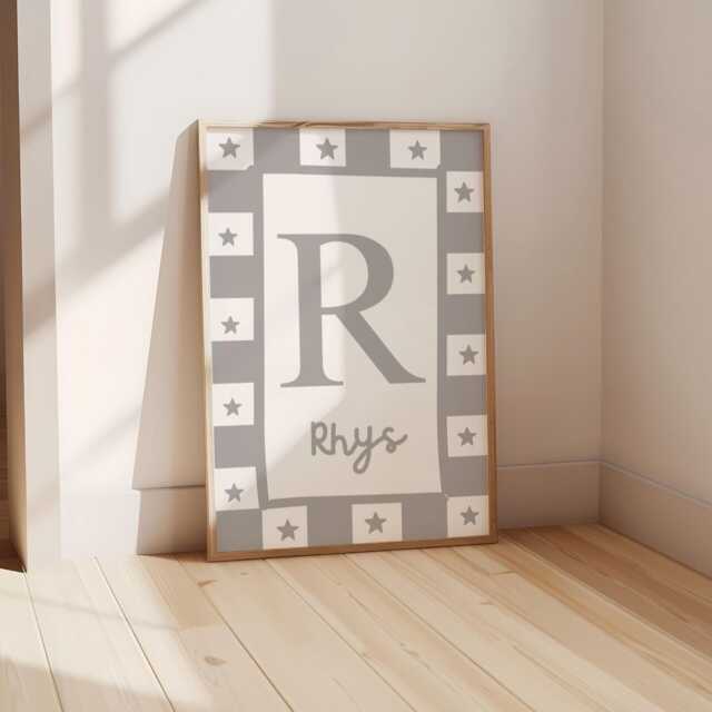 Grey Star Personalised Initial Wall Print For Childrens Bedroom, Nursery Or Playroom - image 1