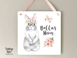 Personalised Girls Door Sign, Bunny Room Cute Rabbit, Butterfly Art, Gift For Girls, Name Nursery Sign - thumbnail 1