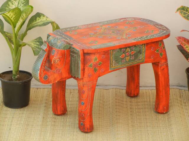 Wooden Elephant Stool Side Table - Hand Painted Ethnic Indian Ottoman Pouffe Footstool Bench Chair - image 1
