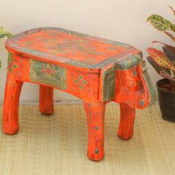 Wooden Elephant Stool Side Table - Hand Painted Ethnic Indian Ottoman Pouffe Footstool Bench Chair - thumbnail 4
