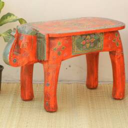 Wooden Elephant Stool Side Table - Hand Painted Ethnic Indian Ottoman Pouffe Footstool Bench Chair - thumbnail 2