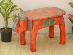 Wooden Elephant Stool Side Table - Hand Painted Ethnic Indian Ottoman Pouffe Footstool Bench Chair