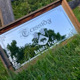 Personalized Family Crest Coat Of Arms Mirror in Barnwood Frame, Bar Mirror, Custom Engraved Barn Wood Mirror, 12x24 - thumbnail 2