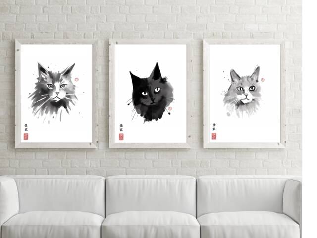 Japanese Sumi-E Cat Portrait Print Pet Art Home Decor - Unframed - image 1