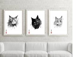 Japanese Sumi-E Cat Portrait Print Pet Art Home Decor - Unframed - thumbnail 1