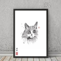 Japanese Sumi-E Cat Portrait Print Pet Art Home Decor - Unframed - thumbnail 3