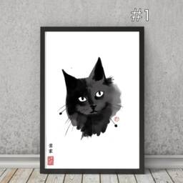 Japanese Sumi-E Cat Portrait Print Pet Art Home Decor - Unframed - thumbnail 2