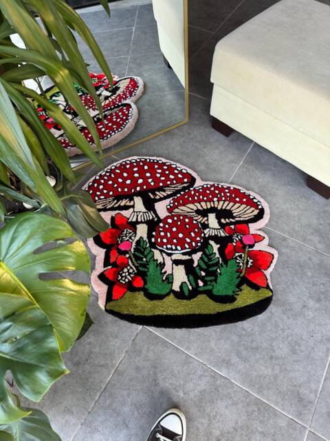 Vintage Mushrooms & Plants Fluffy Tufted Rug - image 1