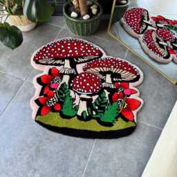 Vintage Mushrooms & Plants Fluffy Tufted Rug - thumbnail 3