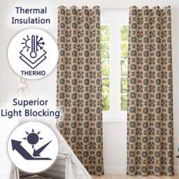 Intricate Moroccan Star Tile Blue Beige Pattern Seamless Readymade Eyelet Ring Top Thermal 100% Blackout Curtains - thumbnail 3