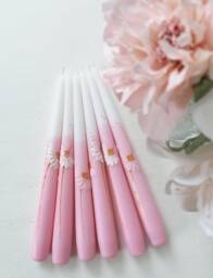 Hand Painted Daisy Dinner Candles, Pastel Pink Wedding Decor - thumbnail 1