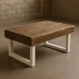 Rustic Reclaimed Wood Coffee Table Chunky Sleeper Style, Steel Legs - thumbnail 3