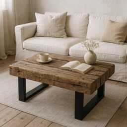 Rustic Reclaimed Wood Coffee Table Chunky Sleeper Style, Steel Legs - thumbnail 1