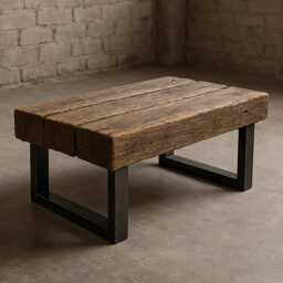 Rustic Reclaimed Wood Coffee Table Chunky Sleeper Style, Steel Legs - thumbnail 2