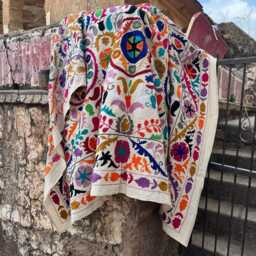 Heirloom Suzani Throw Blanket Quilt - Intricate Multicolor Hand Stitching - thumbnail 3