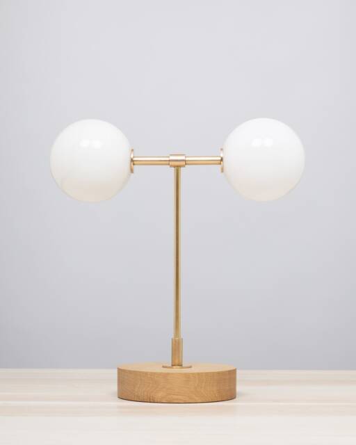 Double Opal Globe Satin Brass Oak Table Lamp - image 1