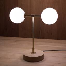Double Opal Globe Satin Brass Oak Table Lamp - thumbnail 3