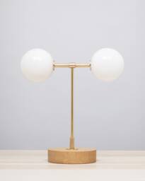 Double Opal Globe Satin Brass Oak Table Lamp - thumbnail 1