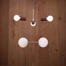 Double Opal Globe Satin Brass Oak Table Lamp - thumbnail 4