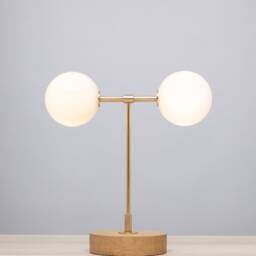 Double Opal Globe Satin Brass Oak Table Lamp - thumbnail 2