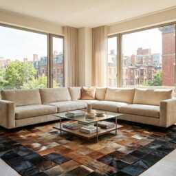 Beige To Brown Gradient Squares Patchwork Cowhide Rug - thumbnail 3