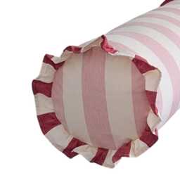 Handmade Ruffled Bolster Cushion Ian Mankin Devon Stripe Pink Peony - thumbnail 2