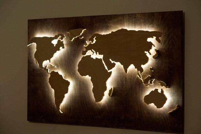 Led Wood World Map Wall Art - Lighted & Large Rustic Home Decor Travel Gift - image 1