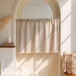 Plaid Light Brown Gingham Cafe Curtains, Farmhouse Checkered Panel Cotton Linen Curtain, Window Treatments, Small Curtain For Kitchen - thumbnail 3