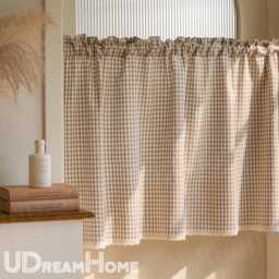 Plaid Light Brown Gingham Cafe Curtains, Farmhouse Checkered Panel Cotton Linen Curtain, Window Treatments, Small Curtain For Kitchen - thumbnail 2