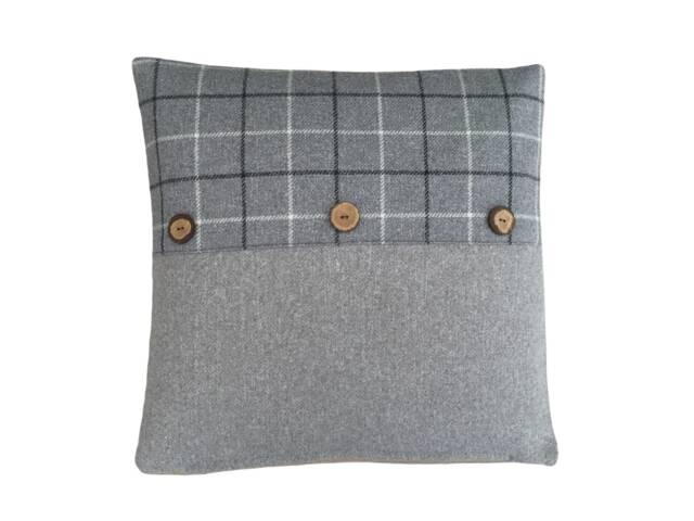 Bamburgh Grey Tartan Plaid Cushion Cover With Coconut Button Trim - image 1