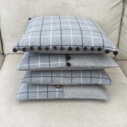 Bamburgh Grey Tartan Plaid Cushion Cover With Coconut Button Trim - thumbnail 2