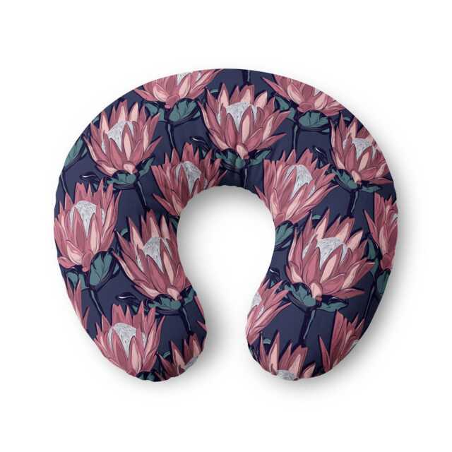 Pink Protea Floral Nursing Pillow Cover - Navy Background - image 1