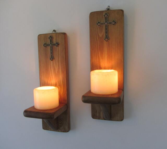 Pair Of Gothic Wall Sconces Led Candle Holders With Antique Bronze Metal Cross/Crucifix 7 Colour Options - image 1