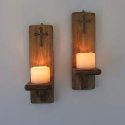 Pair Of Gothic Wall Sconces Led Candle Holders With Antique Bronze Metal Cross/Crucifix 7 Colour Options - thumbnail 2