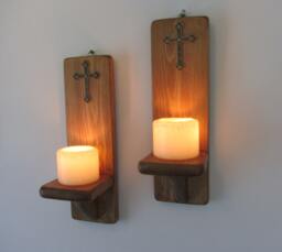 Pair Of Gothic Wall Sconces Led Candle Holders With Antique Bronze Metal Cross/Crucifix 7 Colour Options - thumbnail 1
