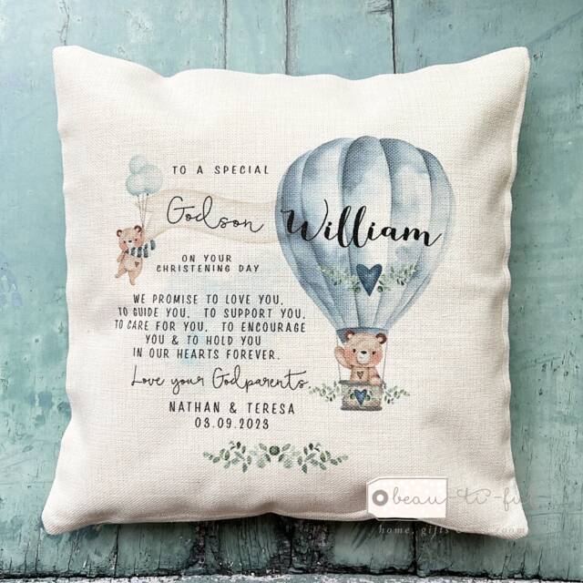 Personalised Christening Baptism Gift Promise To Godchild Godson Goddaughter Teddy Bear Balloon Linen Style Cushion Godparent Godmother - image 1