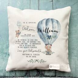 Personalised Christening Baptism Gift Promise To Godchild Godson Goddaughter Teddy Bear Balloon Linen Style Cushion Godparent Godmother