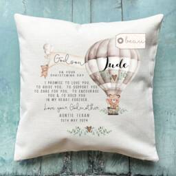 Personalised Christening Baptism Gift Promise To Godchild Godson Goddaughter Teddy Bear Balloon Linen Style Cushion Godparent Godmother - thumbnail 4