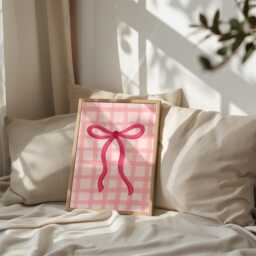 Pink Gingham Bow Print, Coquette Aesthetic Nursery Girly Wall Art, French Pastel Hair Poster, Preppy Art - thumbnail 1