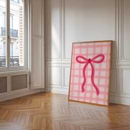 Pink Gingham Bow Print, Coquette Aesthetic Nursery Girly Wall Art, French Pastel Hair Poster, Preppy Art - thumbnail 3