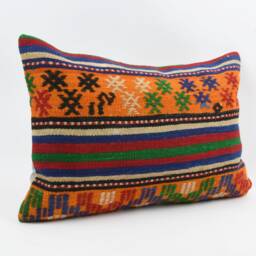 Handmade Kilim Pillow Cover Vintage Turkish Wool, Boho Stripe - 16x24 - thumbnail 3
