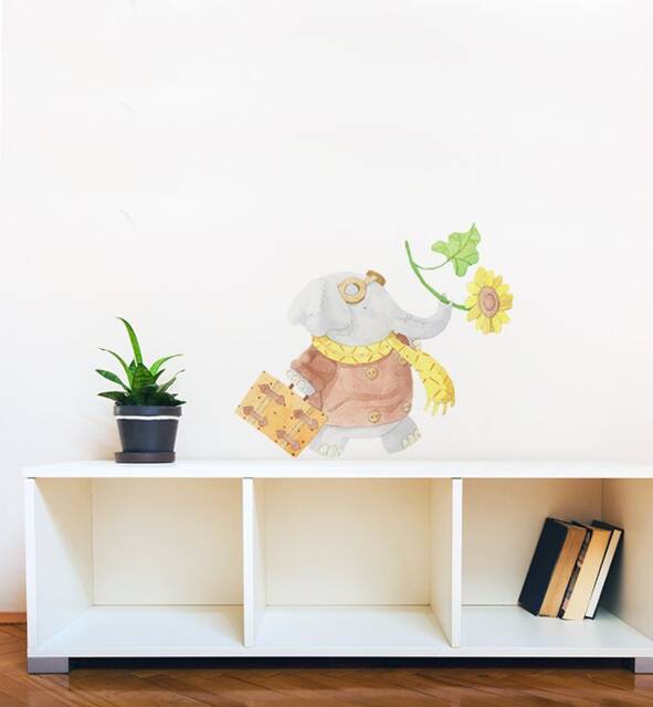 Tegan The Elephant With Suitcase & Flowers Wall Sticker Decal - Kids Stickers, Animals Childrens Decals