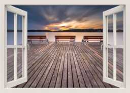 Sunset Wall Decal, Lake Landscape View 3D Window Frame, From Home Mural