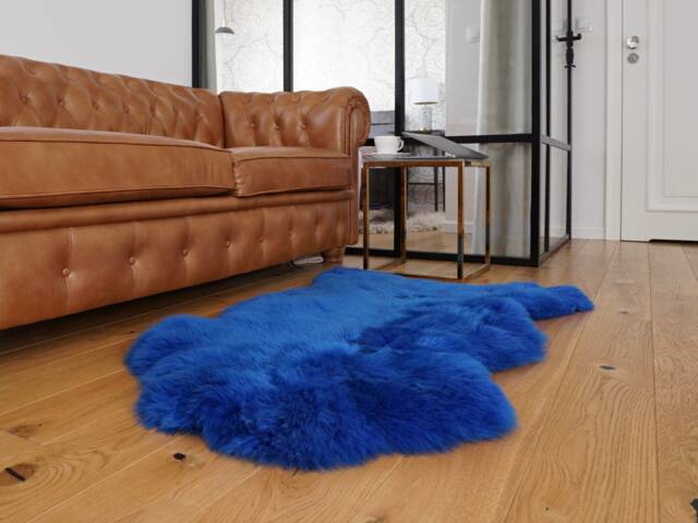 Sheepskin Navy Blue Throw Genuine Leather Wool Carpet Decorative Rug Blue Comfy, Cozy, Hair Is Very Thick, Shiny - image 1