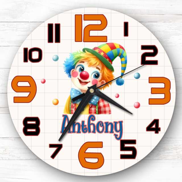 Boy's Circus Clown Personalised Gift For Kid's Bedroom Clock - Kids Clock, Children's Decor, Custom Wall - image 1