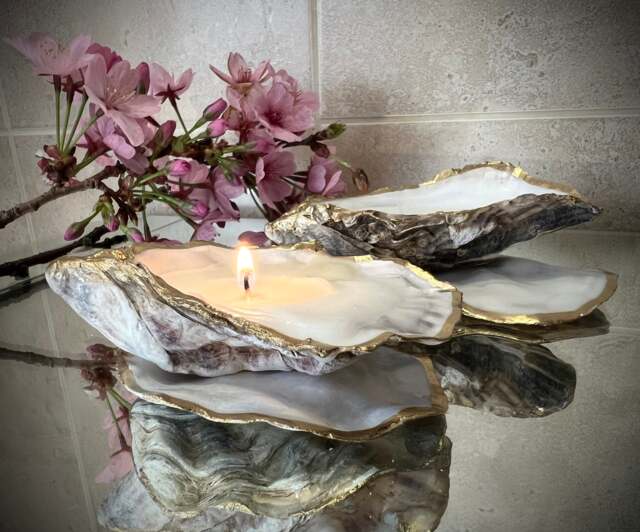 Pair Of Hand Poured Dorset Oyster Shell Candles Gold Leaf Coastal Decor, 3 Scents Available - image 1