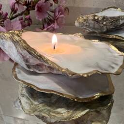 Pair Of Hand Poured Dorset Oyster Shell Candles Gold Leaf Coastal Decor, 3 Scents Available - thumbnail 3