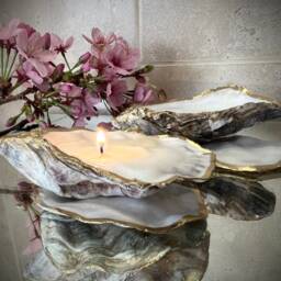 Pair Of Hand Poured Dorset Oyster Shell Candles Gold Leaf Coastal Decor, 3 Scents Available - thumbnail 2
