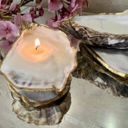 Pair Of Hand Poured Dorset Oyster Shell Candles Gold Leaf Coastal Decor, 3 Scents Available - thumbnail 2